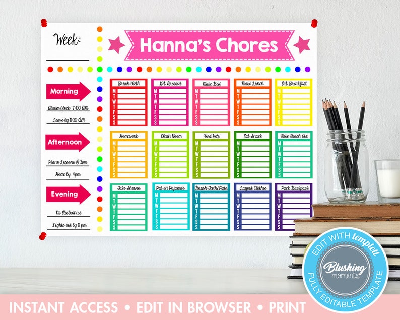 Puede incluir: Un cuadro de tareas imprimibles para ni&ntilde;os con un esquema de colores arco&iacute;ris. El cuadro se titula "Las tareas de Hanna" e incluye secciones para la ma&ntilde;ana, la tarde y la noche. Cada secci&oacute;n tiene una lista de tareas con casillas de verificaci&oacute;n para cada d&iacute;a de la semana.