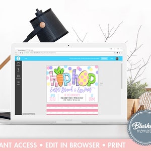 May include: Editable Easter invitation with a colorful cartoon bunny and the text "Hip Hop Easter Brunch & Egg Hunt". The invitation includes the date, time, and location of the event.