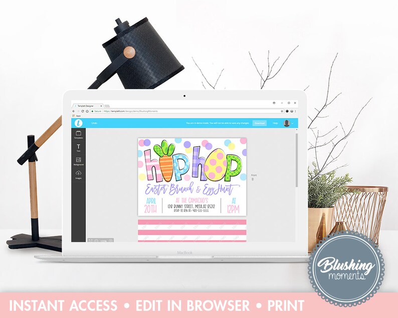 May include: Editable Easter invitation with a colorful cartoon bunny and the text "Hip Hop Easter Brunch & Egg Hunt". The invitation includes the date, time, and location of the event.