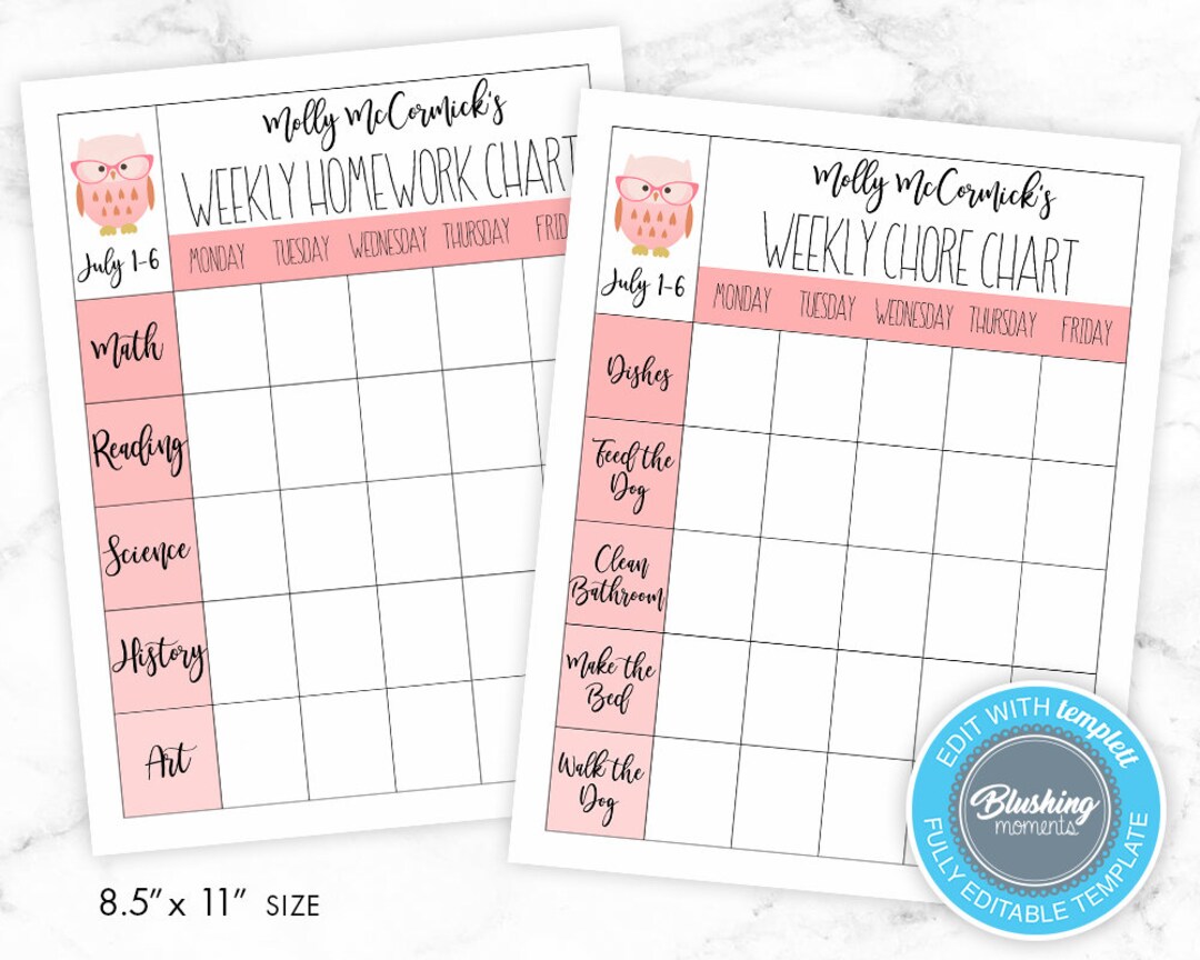 EDITABLE Kids Chore Chart, Back to School Planner, Weekly Checklist ...
