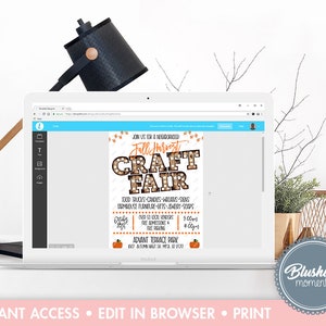 May include: A digital flyer for a Fall Harvest Craft Fair. The flyer is orange, brown, and white with a graphic of a light bulb sign that says "Craft Fair". The flyer includes details about the event, including the date, time, location, and vendors.