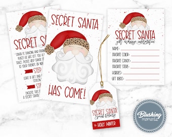 May include: A set of printable Secret Santa cards featuring a cartoon Santa Claus with a leopard print hat. The cards include instructions for a Secret Santa gift exchange, a gift tag, and a form for participants to fill out with their gift preferences.