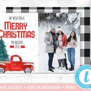 編集可能なメリークリスマスフォトカード、印刷可能なホリデーカード、格子縞の素朴な家族写真カード、即時ダウンロード、赤面の瞬間