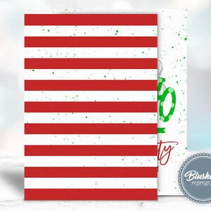 May include: Red and white striped printable party invitation with green polka dots and the text "Ho Ho Ho Party".