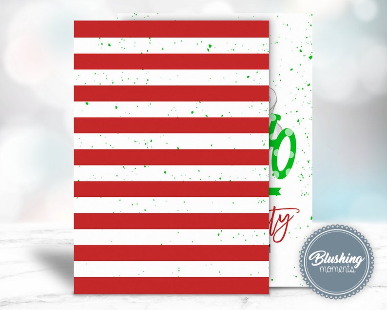 May include: Red and white striped printable party invitation with green polka dots and the text "Ho Ho Ho Party".