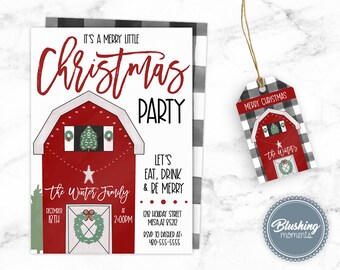 May include: A red barn with a white star and a green wreath on the door. The text "It's a Merry Little Christmas Party" is at the top of the invitation. The text "The Winter Family" is below the barn. The text "December 18th at 2:00PM" is below the family name. The text "Let's Eat, Drink & Be Merry" is below the date and time. The text "1218 Holiday Street Mesa AZ 85212" is below the party details. The text "RSVP to Dasher at: 400-555-5555" is below the address.