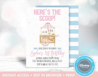 Ice Cream Birthday Party Invitation, Ice Cream Party Invite, Ice Cream Social, Ice Cream Theme, Printable, Editable, Instant Download