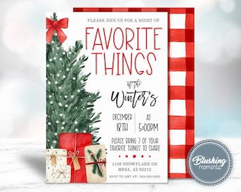May include: A holiday invitation with a watercolor Christmas tree, red bow, and wrapped gifts. The invitation text reads "Favorite Things" and includes event details. The right side features a red and white checkered pattern.