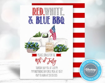 May include: Red, white and blue BBQ invitation featuring a watercolour illustration of a white pickup truck with an American flag, flowers and a wooden sign. The text reads "Red, White, & Blue BBQ", "#4th of July", "Thursday July 4th at 6:00 PM", "7419 Independence Day Circle, Mesa AZ 85212", and "RSVP to Laura at 555-555-5555".