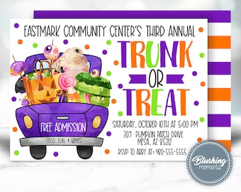 Op de afbeelding: Een paarse en witte uitnodiging voor een Trunk or Treat-evenement in het Eastmark Community Center. De uitnodiging bevat een cartoonillustratie van een paarse vrachtwagen vol met Halloween-snoepjes. De tekst op de uitnodiging luidt "Eastmark Community Center's Third Annual Trunk or Treat", "Free Admission", "Food, Fun, & Games", "Saturday, October 10th at 5:00 PM", "309 Pumpkin Patch Drive Mesa, AZ 85212", en "RSVP to Abby at: 480-555-5555".