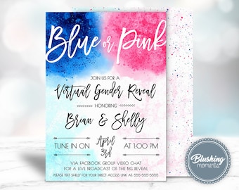 Virtual Gender Reveal Invitation, Social Distance Gender Reveal Party, Digital to Text or Print and Mail Options, Editable Template