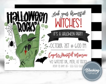HALLOWEEN PARTY INVITATION for kids or adults, Witch Halloween Birthday Invite, Halloween Rocks, Fall Birthday, Costume Party, Printable diy