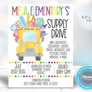 EDITABLE School Flyer, School Supply Drive Flyer, PTO Back to School Fundraiser Template, Printable School Invitation, Instant Download