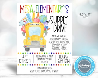 EDITABLE School Flyer, School Supply Drive Flyer, PTO Back to School Fundraiser Template, Printable School Invitation, Instant Download