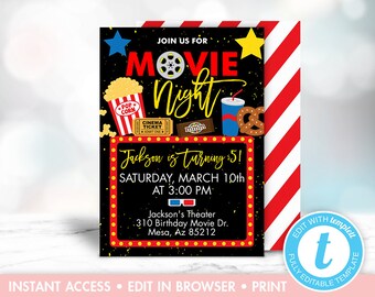May include: A black and red movie night invitation with a yellow star, popcorn, a movie ticket, a box of mini chocolate bars, a soda, pretzels, and 3D glasses. The text reads "Join us for Movie Night, Jackson is turning 5! Saturday, March 10th at 3:00 PM, Jackson's Theater, 310 Birthday Movie Dr., Mesa, Az 85212".