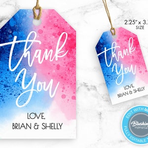 EDITIERBARE Gender Reveal Danke Geschenkanhänger, blaue oder rosa Favor Tags, Baby Shower Favor Label, Gender Reveal Invite, Baby Shower Favor Label