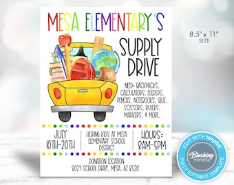 EDITABLE School Flyer, School Supply Drive Flyer, PTO Back to School Fundraiser Template, Printable School Invitation, Instant Download