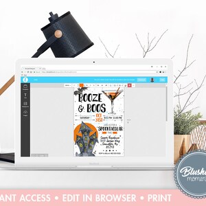 Puede incluir: Una computadora port&aacute;til muestra una invitaci&oacute;n a una fiesta de Halloween con el texto "BOOZE & BOOS" y una ilustraci&oacute;n de una casa embrujada. La invitaci&oacute;n incluye la fecha, la hora y el lugar. La computadora port&aacute;til est&aacute; sobre una superficie blanca con una l&aacute;mpara de escritorio y objetos decorativos.