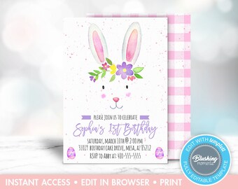 Editable Bunny Birthday Invitation, Easter Invitations, Easter Party Invite Flyer, First Birthday, Printable, Instant Download, Template,