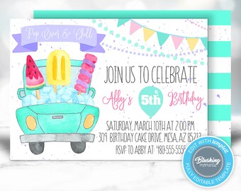 EDITABLE Popsicle Invitation, Ice Cream Party, Summer Pool Party Invite, Two Sweet, Ice Cream Truck, Printable, Instant Download, Template