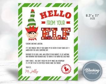 May include: A printable 8.5 x 11 inch elf on the shelf note with a green and white striped border. The note says "Hello from your elf" with a red and white elf illustration. The note includes a message from the elf to a child named Jackson.