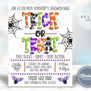 K&ouml;nnte beinhalten: Eine wei&szlig;e und violette Halloween-Partyeinladung mit einem Spinnennetz-Design und dem Text "Trick or Treat". Die Einladung enth&auml;lt Details zur Veranstaltung, einschlie&szlig;lich Datum, Uhrzeit, Ort und Aktivit&auml;ten. Die Veranstaltung findet im Spider Web Park in Mesa, Arizona, statt.