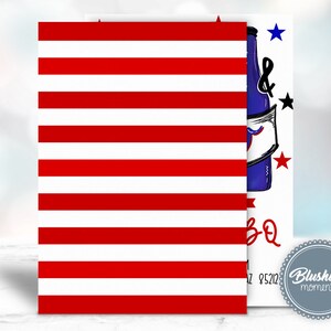 May include: Red and white striped background with a blue and white illustration of a bottle and the text "BBQ" on the right side. The text "Blushing moments" is in a circle at the bottom right corner.