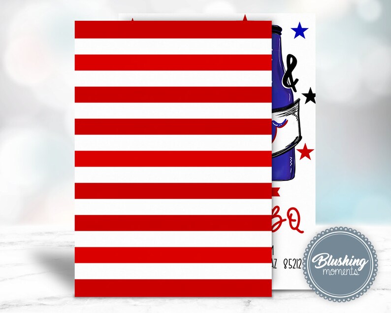 May include: Red and white striped background with a blue and white illustration of a bottle and the text "BBQ" on the right side. The text "Blushing moments" is in a circle at the bottom right corner.