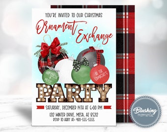 May include: A Christmas ornament exchange party invitation with a red and black plaid background. The invitation features a watercolor illustration of Christmas ornaments with the text "Ornament Exchange Party" and details about the event, including the date, time, and location.