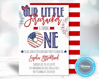 May include: A patriotic invitation for a first birthday party. The design features red, white, and blue colors with the text "Our Little Firecracker is Turning One." Includes party details and a donut graphic with an American flag design.