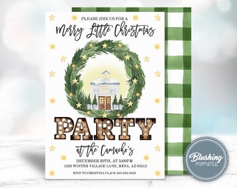 HOLIDAY CHRISTMAS PARTY Invitation-Merry Little Christmas Wreath-Buffalo Plaid Flyer-Editable Template w/ Instant Access-Printable-Digital