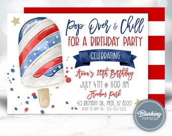 4th of July Birthday Invitations, Pop On Over Popsicle Invitation, Summer Ice Cream Invites, Red White & Blue, Editable Template, Printable