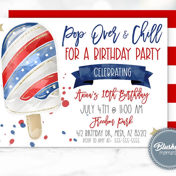 4th of July Birthday Invitations, Pop On Over Popsicle Invitation, Summer Ice Cream Invites, Red White & Blue, Editable Template, Printable