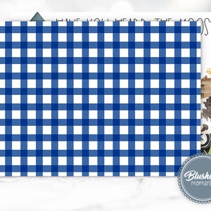 May include: Blue and white gingham background with the text "Have you heard the moo's?" in black text. The background is a repeating pattern of blue and white squares.