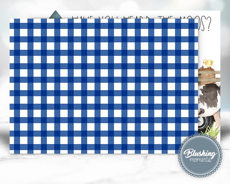May include: Blue and white gingham background with the text "Have you heard the moo's?" in black text. The background is a repeating pattern of blue and white squares.