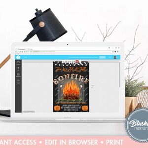 Pu&ograve; includere: Un modello di progettazione digitale per un invito a una festa di fal&ograve;. L'invito presenta un fal&ograve; con fiamme e uno sfondo nero con luci bianche. Il testo sull'invito recita "Join Us For A Fall Bonfire".