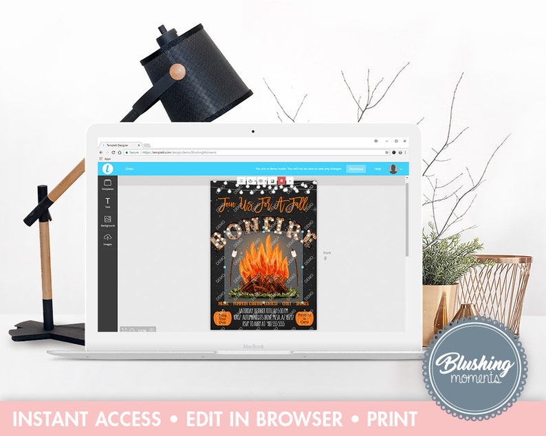 Pu&ograve; includere: Un modello di progettazione digitale per un invito a una festa di fal&ograve;. L'invito presenta un fal&ograve; con fiamme e uno sfondo nero con luci bianche. Il testo sull'invito recita "Join Us For A Fall Bonfire".