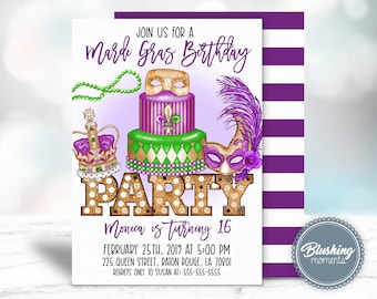 May include: A Mardi Gras birthday party invitation with a purple, green, and gold color scheme. The invitation features a cake with a mask and a crown on top. The text on the invitation reads "Join us for a Mardi Gras Birthday Party" and "Monica is turning 16".