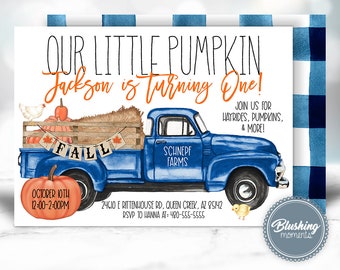 May include: A blue vintage pickup truck with a wooden bed filled with pumpkins and hay. The truck has a sign that says "Schnepf Farms" and a banner that says "Fall". The truck is on a blue and white checkered background. The text "Our Little Pumpkin Jackson is turning One!" is at the top of the image. The text "Join us for hayrides, pumpkins, & more!" is on the right side of the image. The text "October 10th 12:00-2:00PM" is at the bottom left of the image. The text "24610 E Rittenhouse Rd, Queen Creek, AZ 85142 RSVP to Hanna at: 480-555-5555" is at the bottom center of the image. The text "Blushing moments" is at the bottom right of the image.