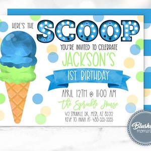 Ice Cream Geburtstagseinladung, hier ist die Scoop Boy Ice Cream Party einladen, Ice Cream Social, bearbeitbare Vorlage, Sofortzugang, druckbar
