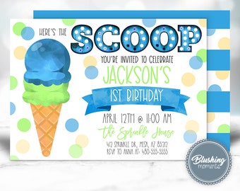 Ice Cream Birthday Invitation, Here's the Scoop Boy Ice Cream Party Invite, Ice Cream Social, Editable template, Instant Access, Printable
