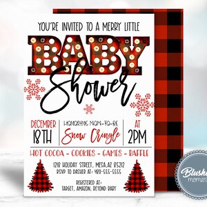 Christmas Baby Shower Invitation, Buffalo Plaid Baby Shower Invite, Christmas Gender Reveal, Marquee Invitation, Printable & Editable