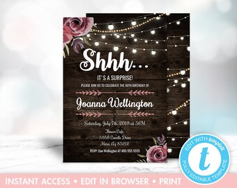 Birthday Invitation for Women, Rustic Birthday Invitation, Surprise Birthday Invitation, Wood String Lights, Templett, Instant download
