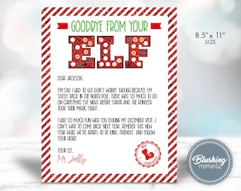 Può includere: Un biglietto stampabile con un design a strisce rosse e bianche e uno sfondo rosso glitterato. Il biglietto misura 8,5 pollici per 11 pollici e presenta una lettera "Elf" rossa glitterata con contorno bianco. Il biglietto include una lettera di esempio dall'elfo a un bambino di nome Jackson.