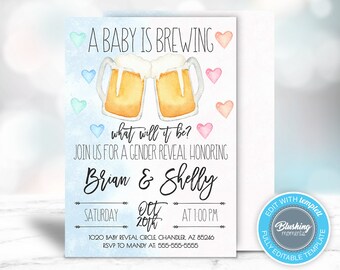 May include: A blue and white baby shower invitation with a watercolor illustration of two beer mugs. The text reads "A Baby is Brewing" and "What will it be?" with the names "Brian & Shelly" and the date "Oct 20th".