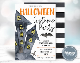 May include: A Halloween costume party invitation with a watercolor illustration of a spooky house with glowing windows. The invitation includes the text "Halloween Costume Party", the date and time of the party, and the address. RSVP information is also included.