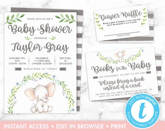 May include: A baby shower invitation with a grey and white striped background. The invitation features a cute elephant illustration with green leaves and flowers. The text on the invitation reads "Please join us for a Baby Shower honouring Taylor Gray".
