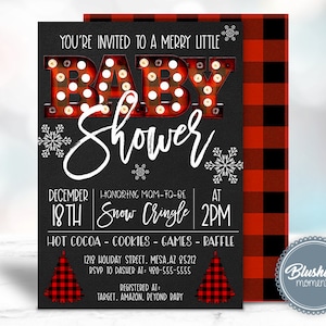 Christmas Baby Shower Invitation, Buffalo Plaid Baby Shower Invite, Christmas Gender Reveal, Marquee Invitation, Printable & Editable