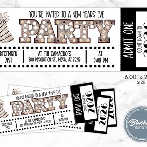 New Years Eve Ticket Invitation, NYE Party Invitations, Black and Silver, Marquee Letters, Printable and Editable Instant Download image 1