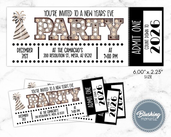 New Years Eve Ticket Invitation, NYE Party Invitations, Black and Silver, Marquee Letters, Printable and Editable Instant Download